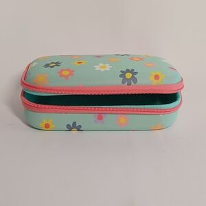 Floral Zippered Trinket Makeup Memorabilia Case - Mint with Pink Trim 8.5 x 4.5
